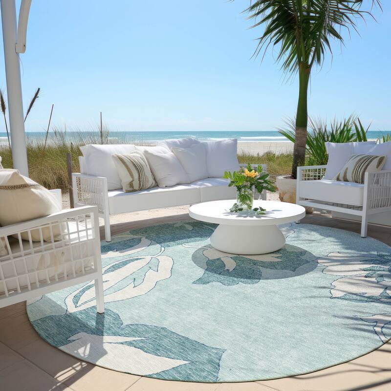 Machine Washable Indoor/ Outdoor Chantille Floral Contemporary Rug - Teal - 8' x 8'