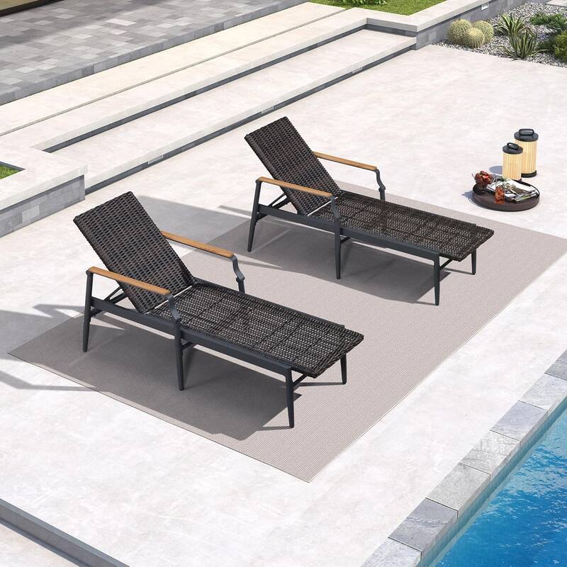 PURPLE LEAF Patio Chaise Lounge Chair Set of 2 Outdoor Lounge Chair with Arm All Weather Adjustable Lounger - Wicker Wooden Armrest(Dark Brown)