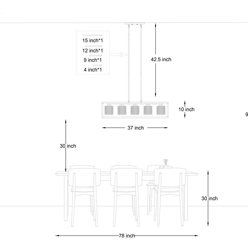 37in Mid-century Modern 5-light Crystal Rectangle Chandelier for Dining Room - 37 inches