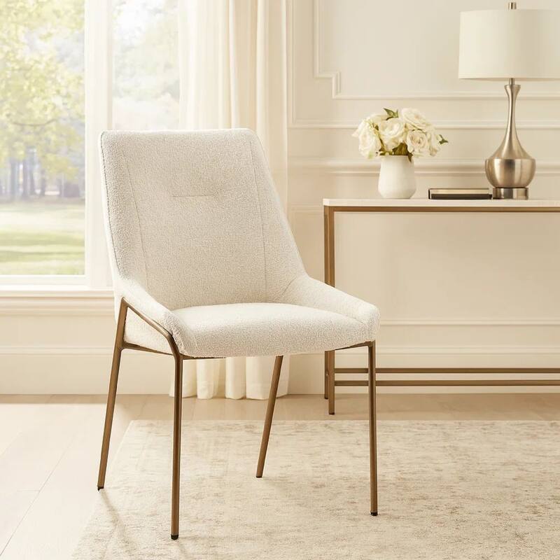 Rise 21 Inch Dining Chair, Boucle Upholstery, Tapered Legs, Set of 2, White, Bronze