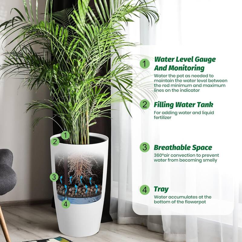 Set of 2 22-in Tall Self-Watering Planters with Water Level Monitor and Inner Bucket for Outdoor Patio Porch and Backyard White