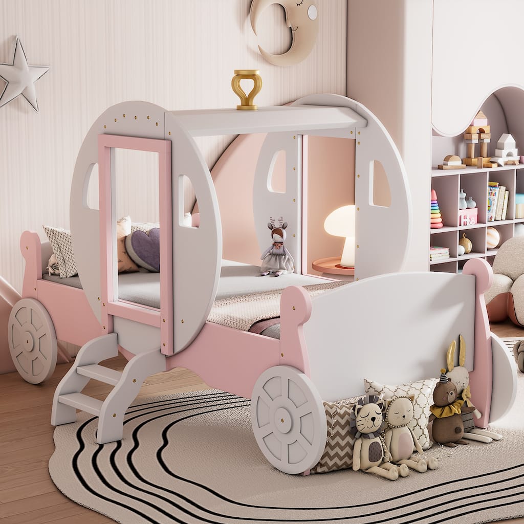 Twin Size Princess Carriage Bed with Crown, Wood Platform Bed with Stairs, White and Pink