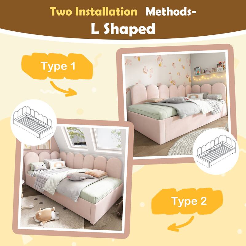 Twin Size Upholstered Daybed with Pull-Out Bed, Velvet Pink Sofa Bed for Adults and Kids, Metal Slatted Frame