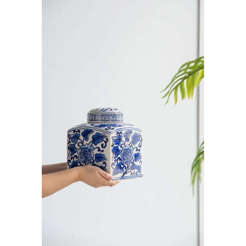 Floral Square Ceramic Canister Decoration - 8" - Blue and White