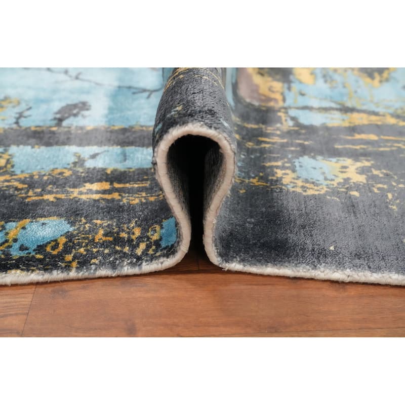 Hand Knotted Oriental Viscose Silk Carpet Modern Pictorial Multi-Colored Abstract Area Rug - 7' 9'' X 5' 6''