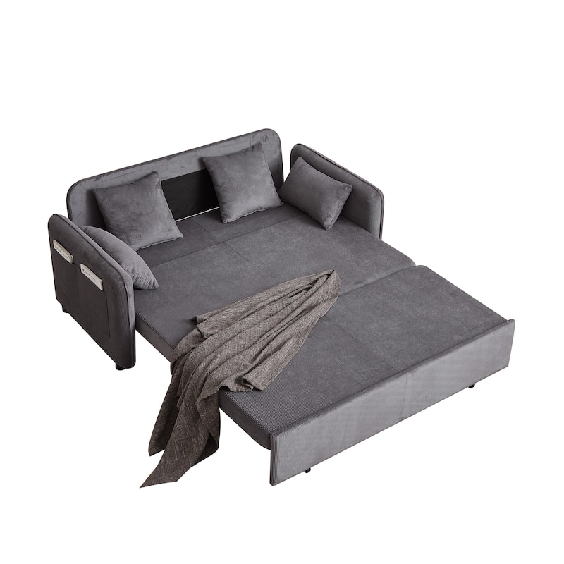 3-in-1 Pull Out Sleeper Sofa Bed, Convertible Corduroy Loveseat Couch with Casters, 4 Pillows and Side Pockets for Living Room
