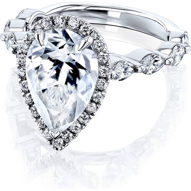 Kobelli 4.4 Carat Moissanite & Diamond 14k Solid Gold Pear Halo Scallop Band Cathedral Cristina Ring (GH/VS, DEF/VS)