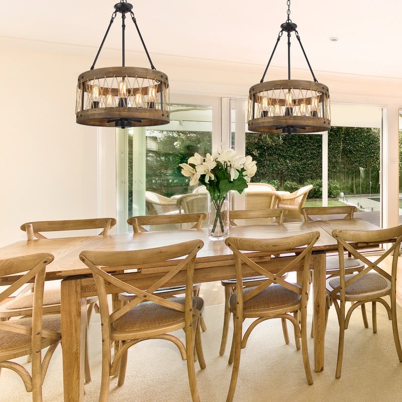Farmhouse Wagon Wheel 5-light Drum Wooden Chandelier Island Lights - D18" * H27.5" - D18" * H27.5" - Taupe