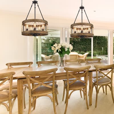 Farmhouse Wagon Wheel 5-light Drum Wooden Chandelier Island Lights - D18" * H27.5"