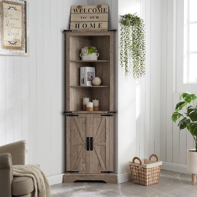Farmhouse Corner Cabinet, 68" Tall Corner Cabinet, Corner Cabinet - Light Rustic Oak