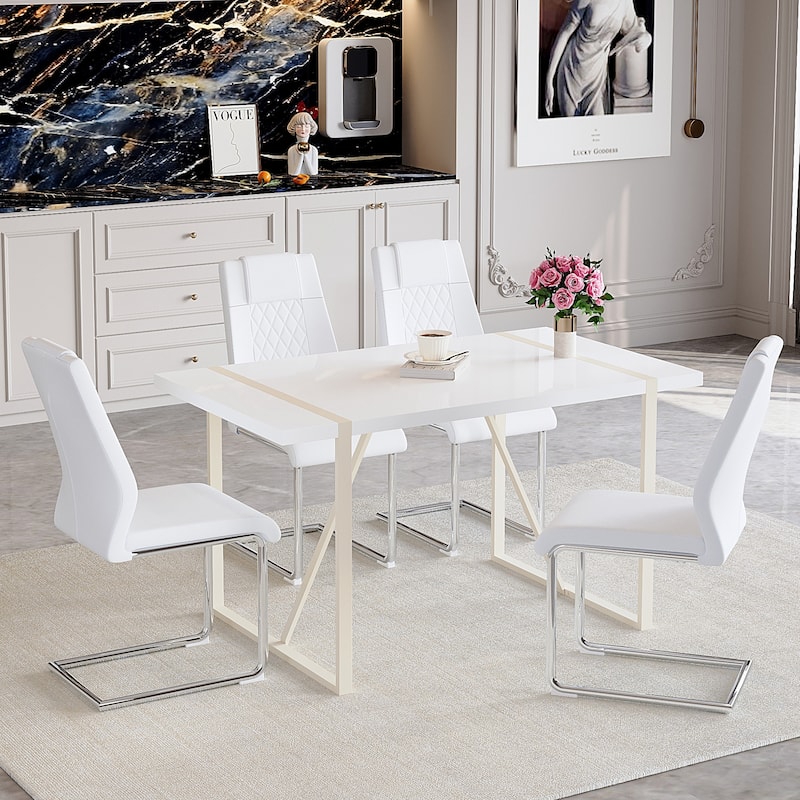Roomfitters 5/7pcs Cream Style MDF Dining Table Set with Chairs and Silver Metal Legs, Warm Modern Look, White