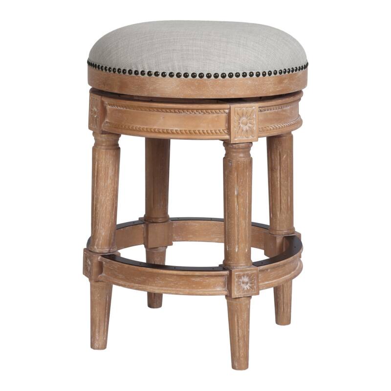 Linen Round Wood Swivel Stool with Nail Head Trim, Backless and Footrest - Beige 26"