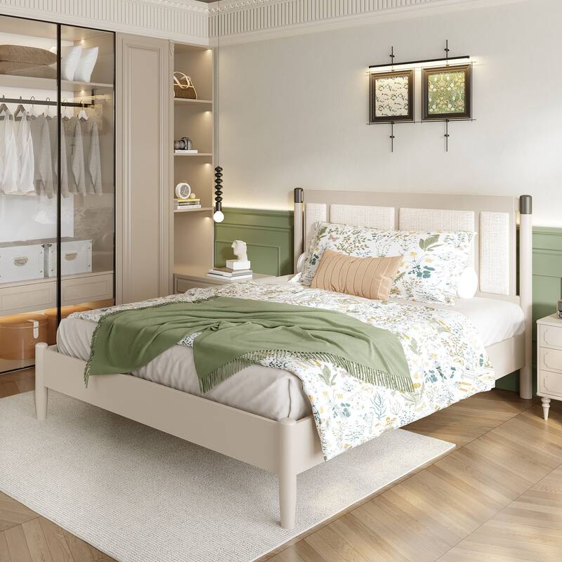 Christopher Knight Home - Modern Wood Platform Bed with Upholstered Headboard & Metal Handle Accents - Grey,LIGHT GREY - Queen