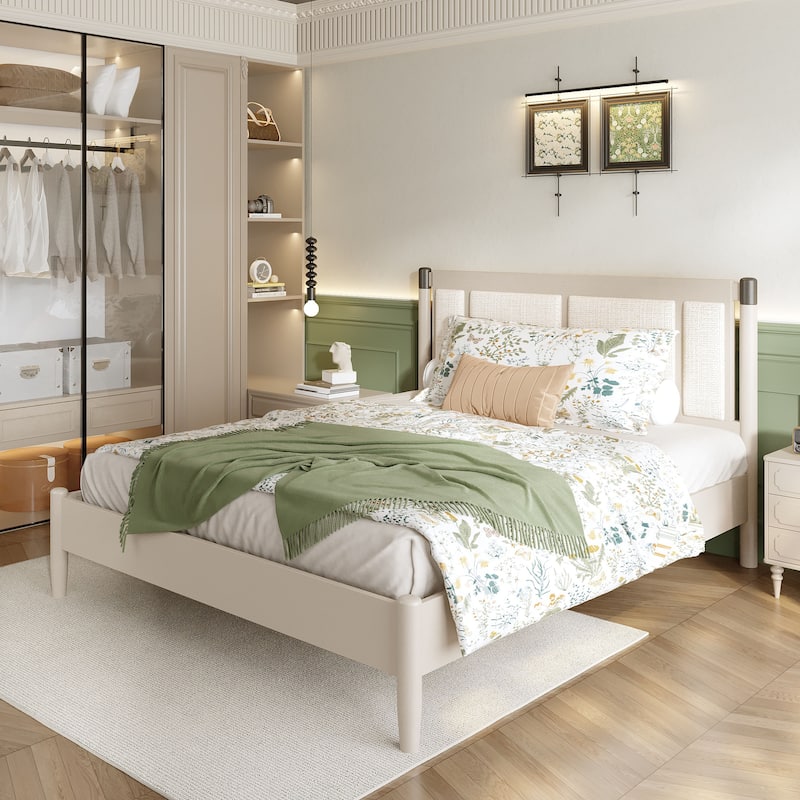 Solid Wood Platform Bed Frame, No Box Spring Needed, Upholstered Headboard Wingback Bed, Wood Slat Support