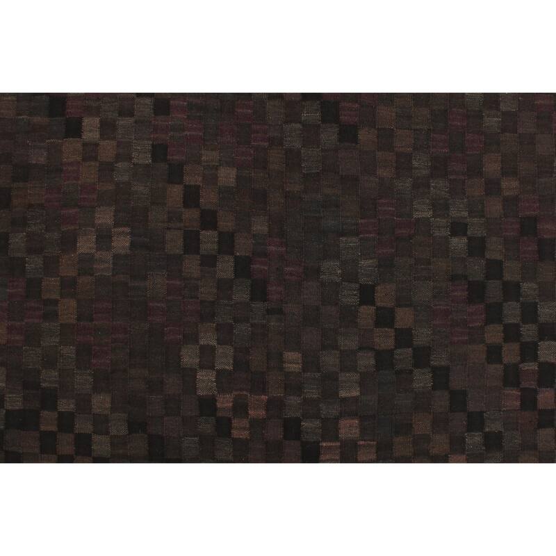 Contemporary Turkish Kilim Seema Black Brown Hand-Woven Wool Rug - 5'0'' x 6'9''