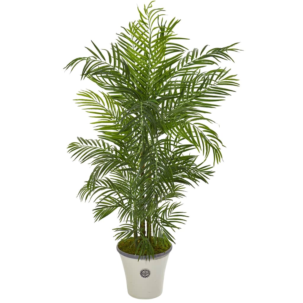 Artificial Palm Tree 63 Inch Indoor Tropical Decor White Planter - Green - 31-40 Inches