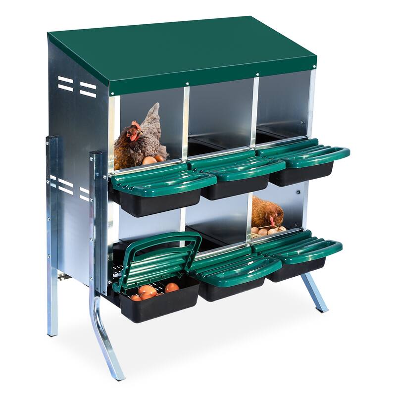 Chicken Nesting Boxes with Rollout Egg Collection - Green 6 Compartments with Legs