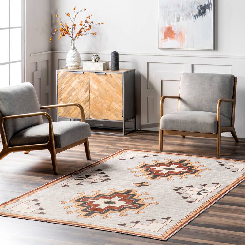 Nuloom Avya SpinClean Boho Medallion Machine Washable Area Rug - 4' x 6' - Ivory - Rectangle