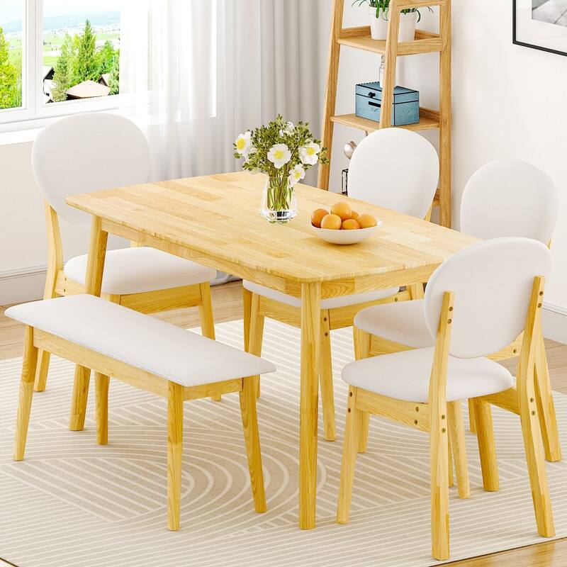 47''Dining Table Set For 6, Solid Wood Kitchen Table With Bench And 4 Chairs With upholstered Backrest - Oak