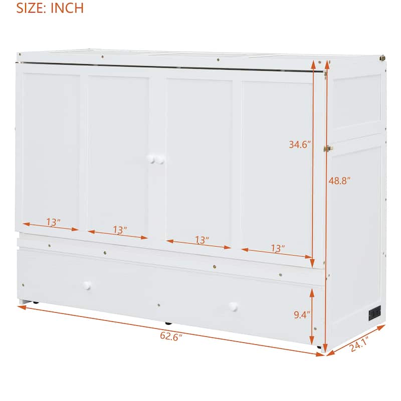 Queen Size Murphy Bed with USB Port, Large Drawer, and Space-Saving Design, White