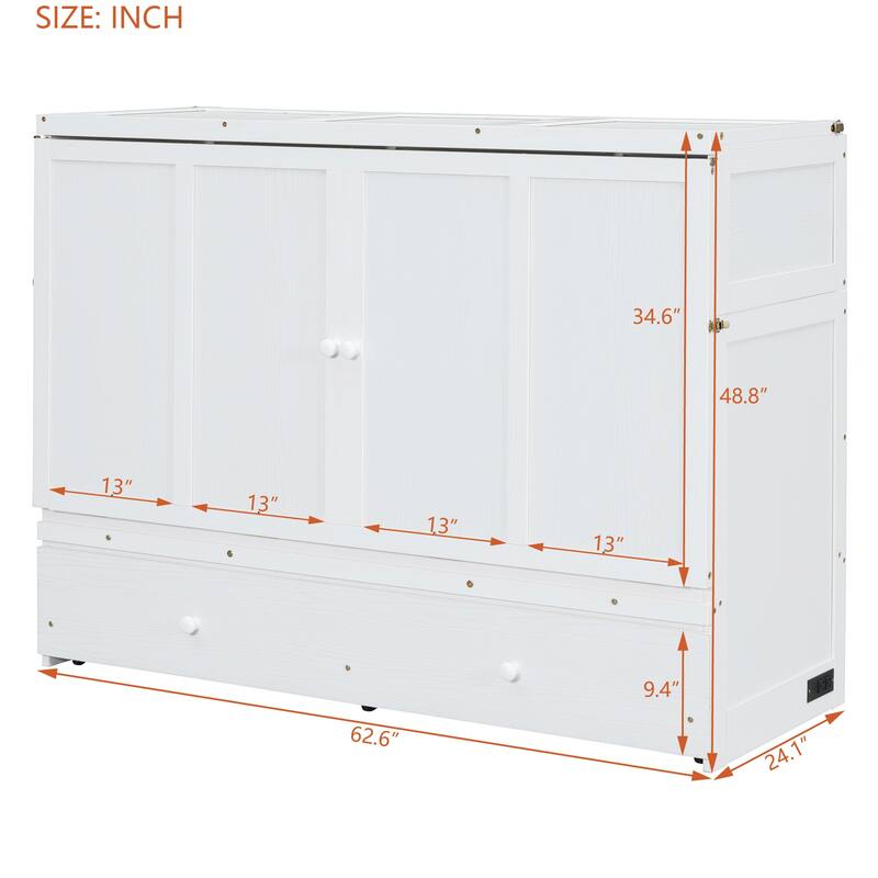 Queen Size Murphy Bed with USB Port and Large Drawer, Space-Saving Design, No Box Spring Needed, Espresso Finish