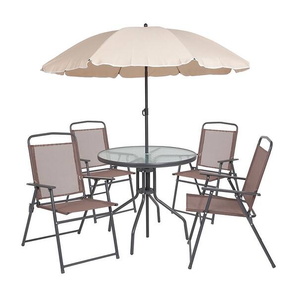 Shop Black Friday Deals On Flash Furniture Nantucket 6 Piece Patio Garden Set With Table Umbrella And 4 Folding Chairs Brown Tan Overstock 30777749