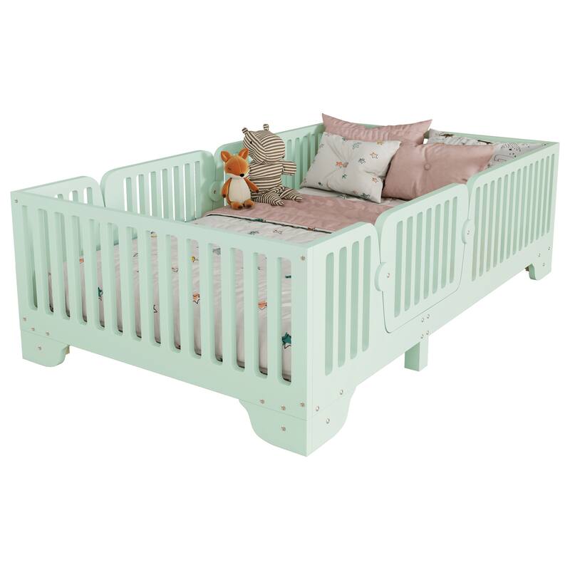 Montessori Floor Bed with Detachable Door, No Box Spring Needed, Kids Platform Bed with Slats and Fence