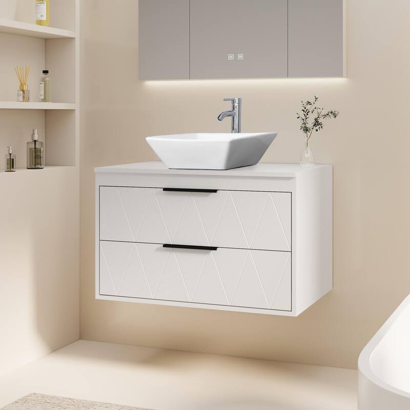 Modern Wall Mounted Bathroom Vanity Set with Vessel Sink & Faucet - white-30 in - 30-1 Ceramic square sink