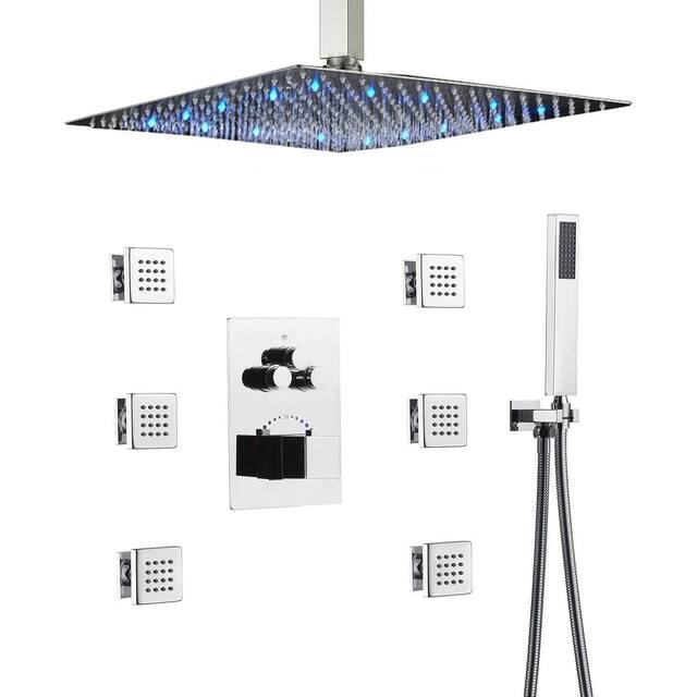 12" LED Ceiling Rainfall Shower 3 Way Thermostatic Faucet System w/ 6 Body Jets - Chrome