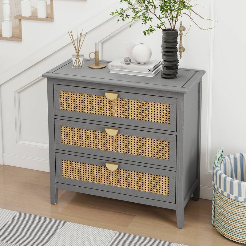 Rattan Storage Cabinet with Wood Grain Finish & Semi-Circle Metal Handles, Accent Cabinet with Anti-Slip Foot Pads