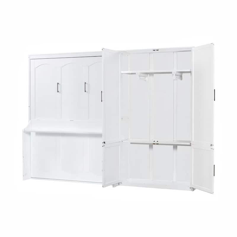 Space-Saving Queen Size Murphy Wall Bed with Built-In Closet and Hydraulic System, White/Gray