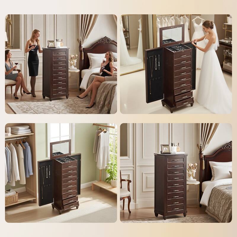 Tall Standing Jewelry Armoire with Mirror,Lockable Wooden Jewelry Cabinet with 9 drawers and side door,