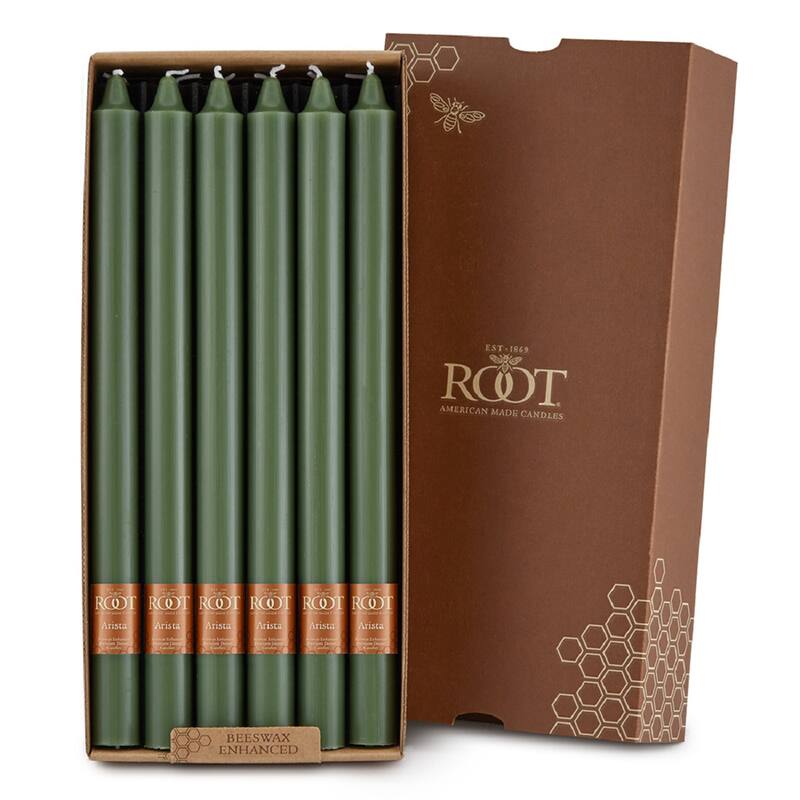 Root 12 inch Unscented Smooth Arista Taper Candles box of 12 - Dark Olive