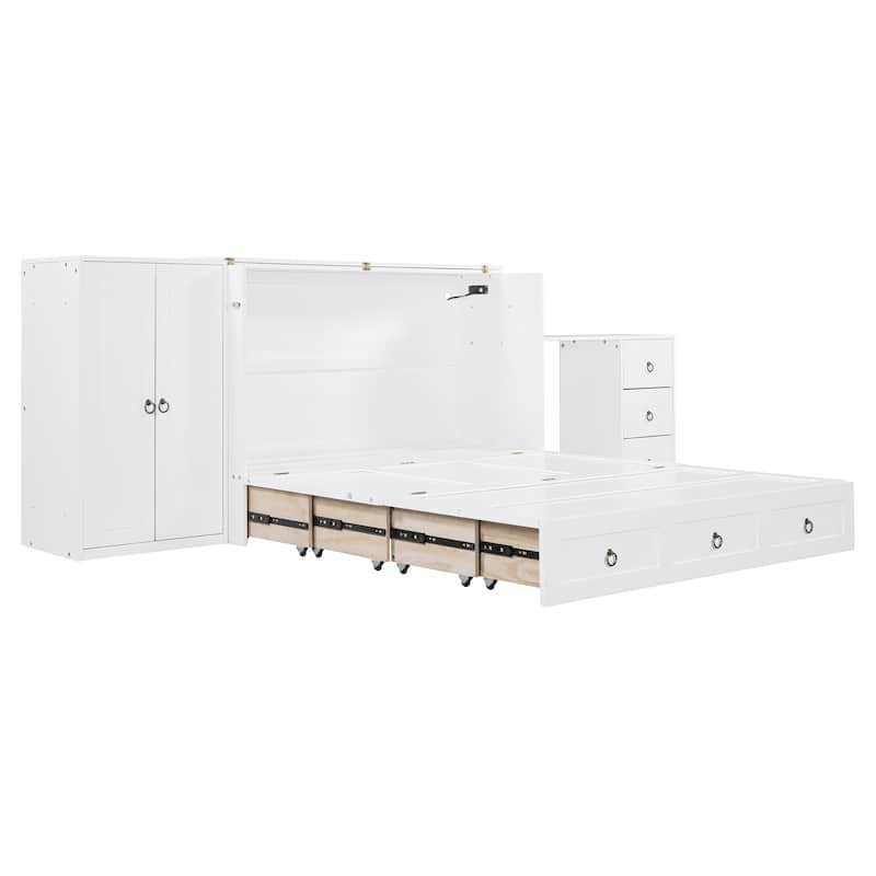 White Queen Size Murphy Bed with USB and Drawer Combo