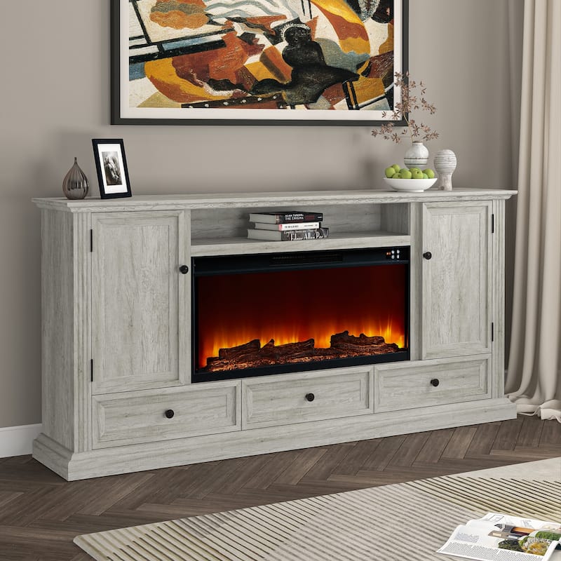 Farmhouse 72" TV Stand with Fireplace - Accommodates up to 75" TV - 73"W x 35"H x 14"D