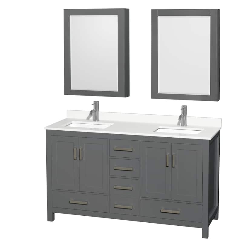 Sheffield 60-inch Double Vanity, Single Hole Quartz Top, Med Cabinets