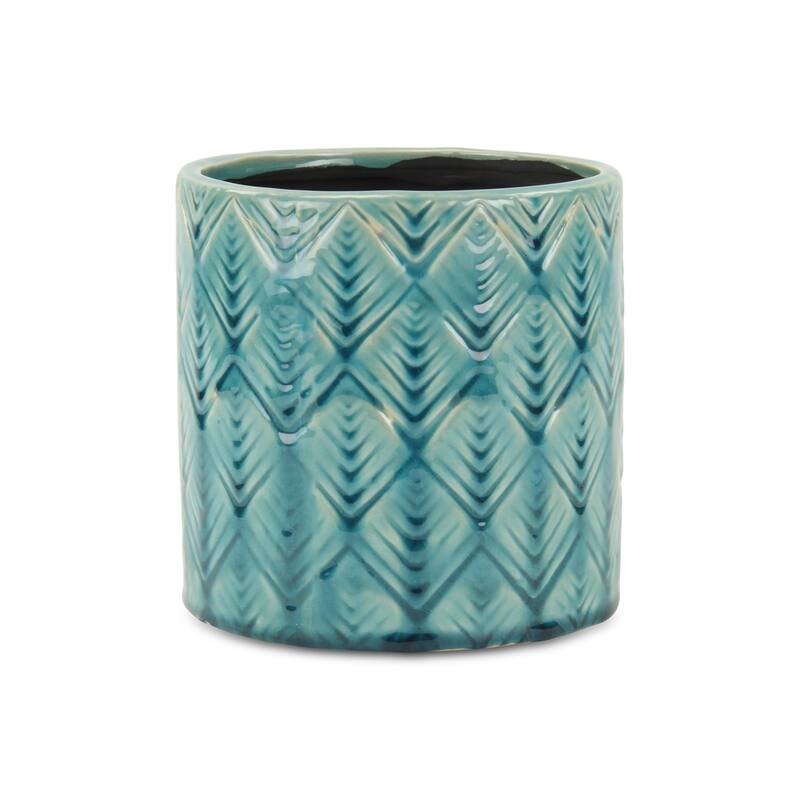 HomeRoots 6" Turquoise Geometric Ceramic Indoor Outdoor Round Pot Planter