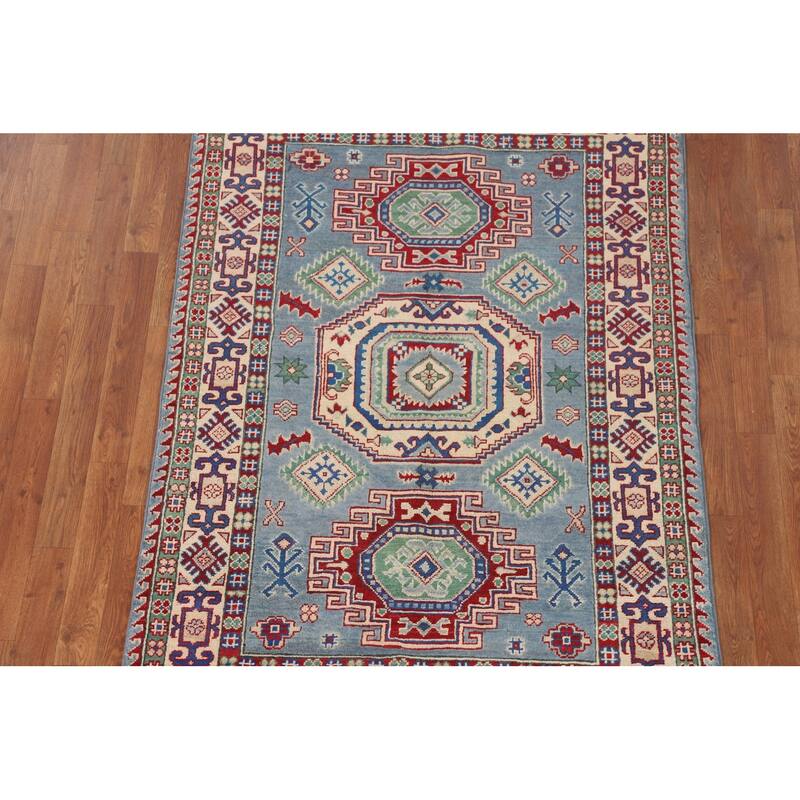 Light Blue Geometric Kazak Area Rug Hand-Knotted Wool Carpet - 4'0" x 5'10"
