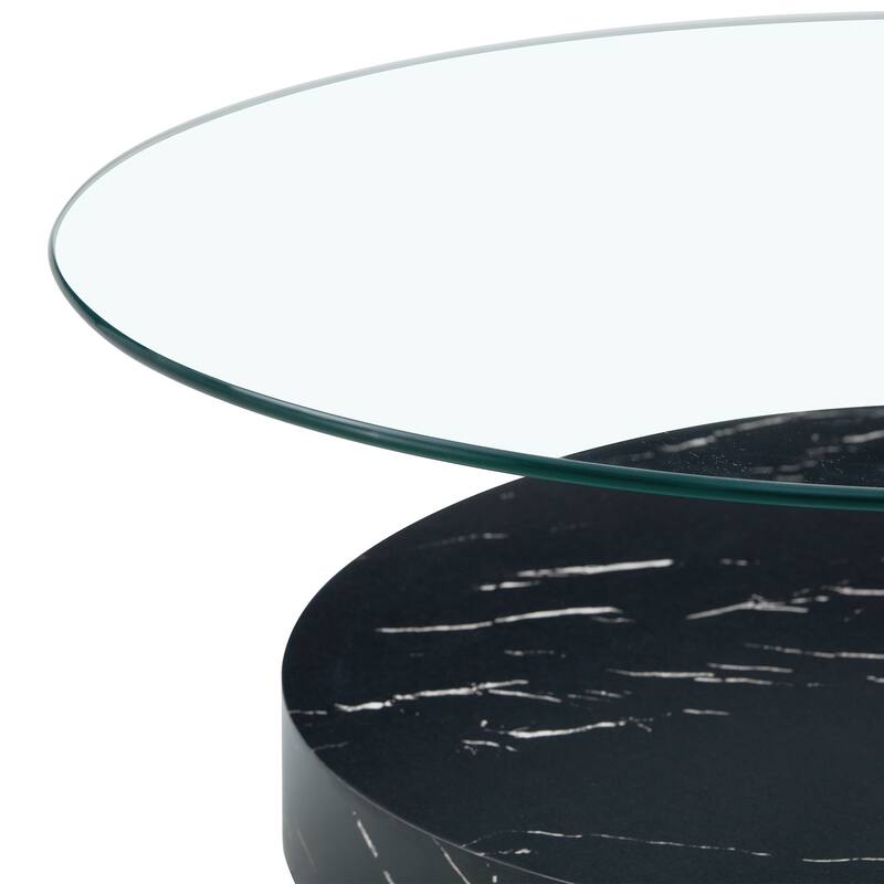 Modern Round Glass Coffee Table w/ Wood Base, 3 Tier Round Coffee Table, Clear Cocktail Table w/ Storage for Home Office
