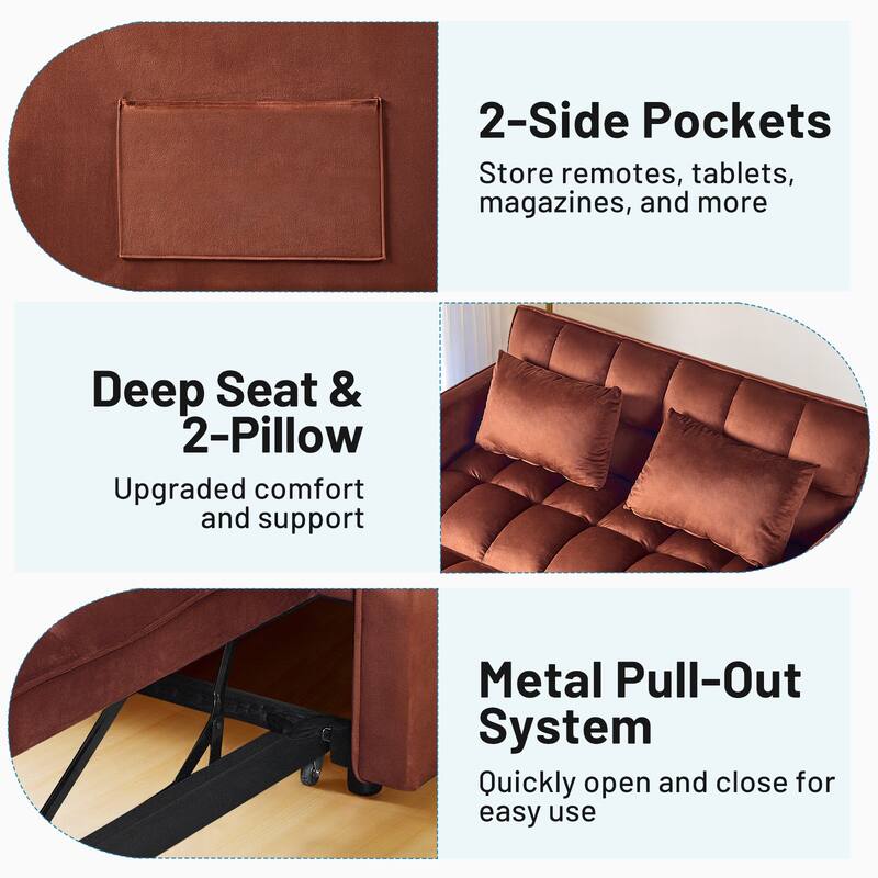 3-in-1 Convertible Sleeper Loveseat Pull Out Twin Size Suede Sofa Bed with 2 Pillows & Pocket