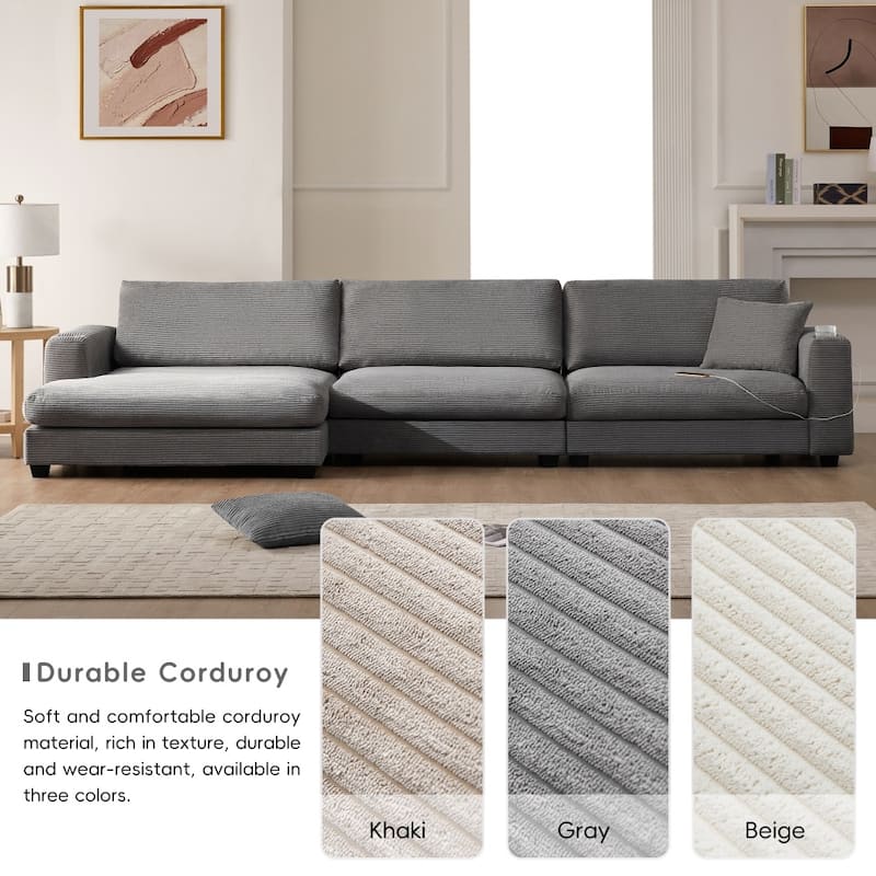 134" Oversized Corduroy Sectional L-shaped Cloud Sofa with USB Charging Port and Cup Holder