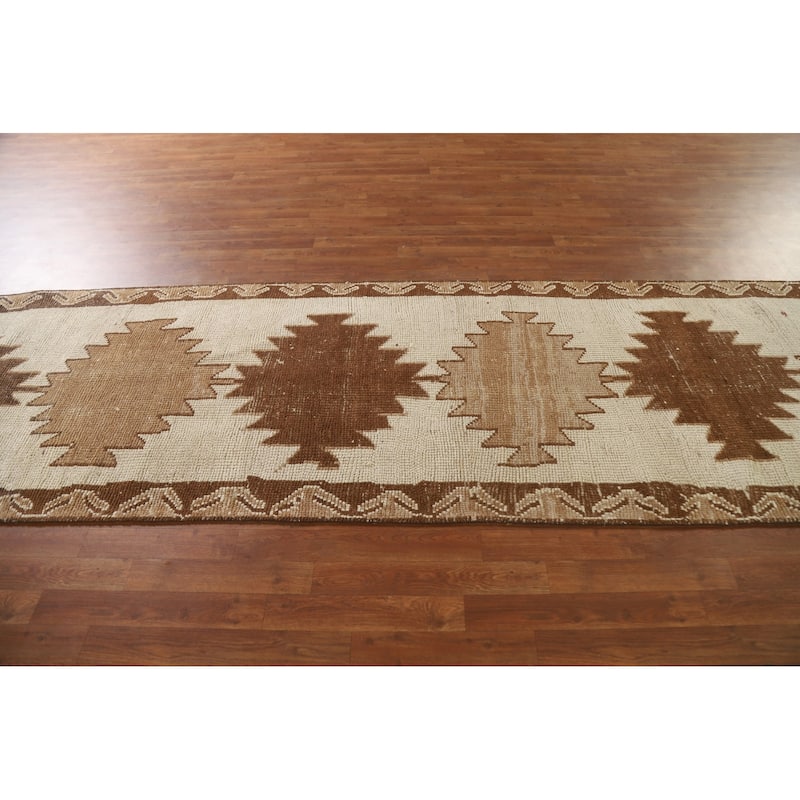 Anatolian Turkish Runner Rug Handmade Beige Wool Carpet - 3'4"x 12'7"