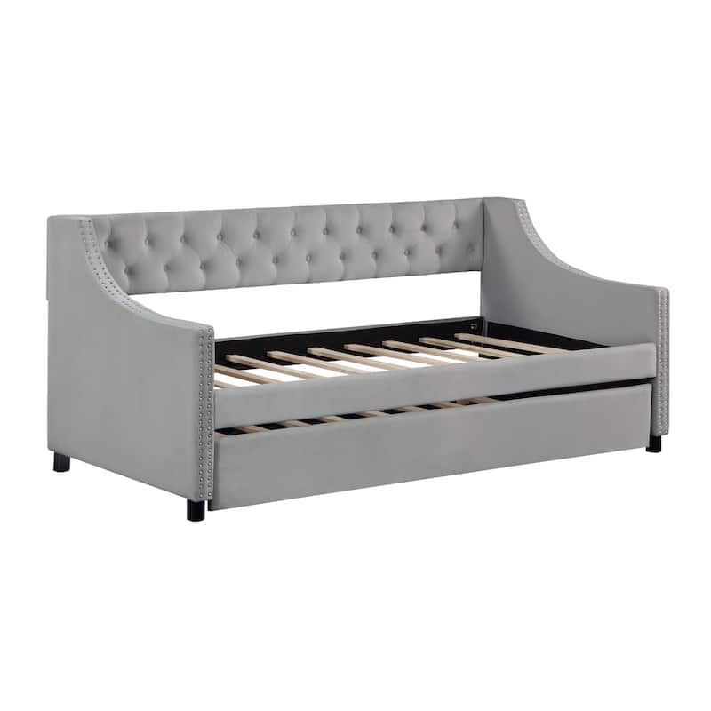 Upholstered Velvet Tufting Sleeper Sofa Chesterfield Daybed with Trundle - Full Size - Grey