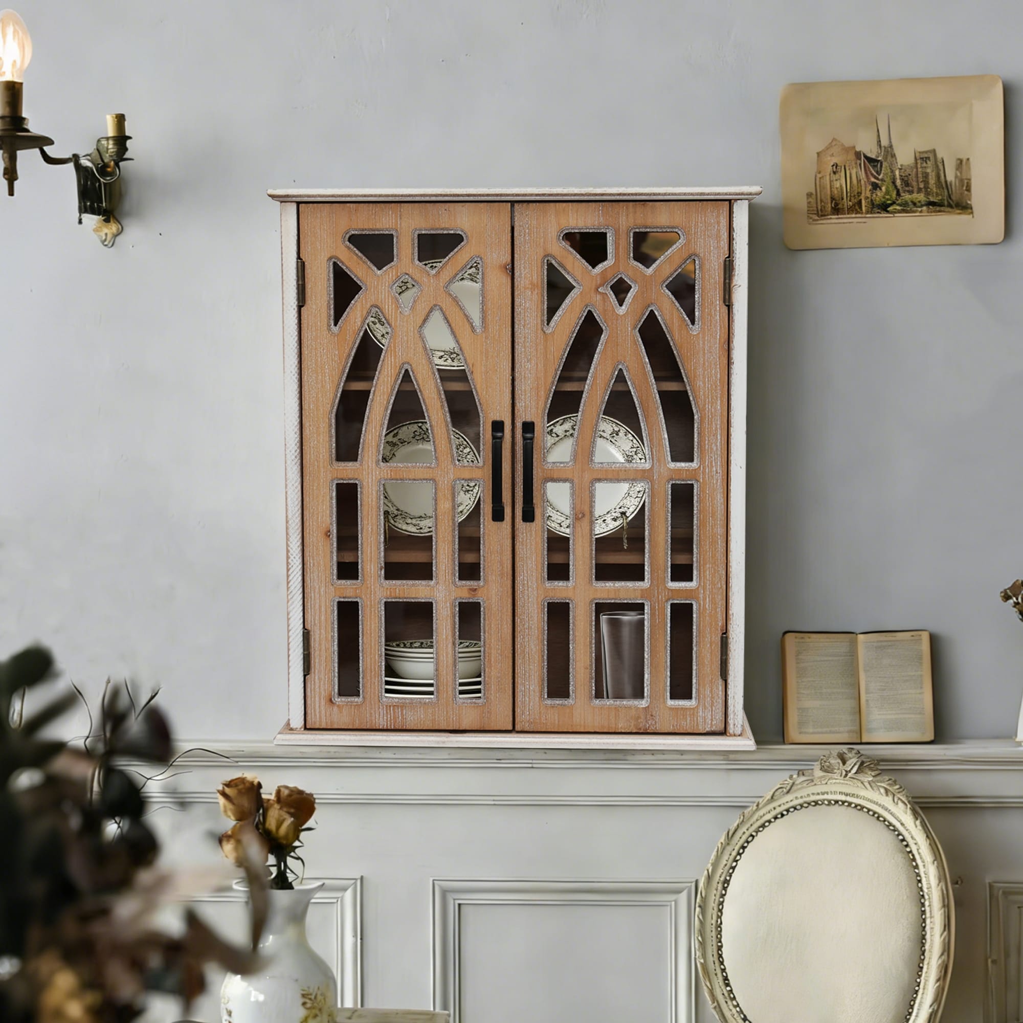 Vintage Wall-Mounted Cabinet with Decorative Cutout Doors, Rustic Wooden Hanging Storage Cabinet for Bathroom, Living Room