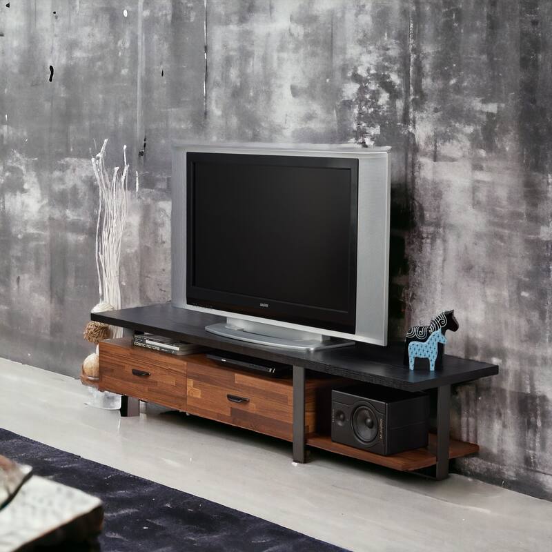 Versatile Walnut & Black TV Stand with 2 Drawers and Open Storage, Fits 55 TV
