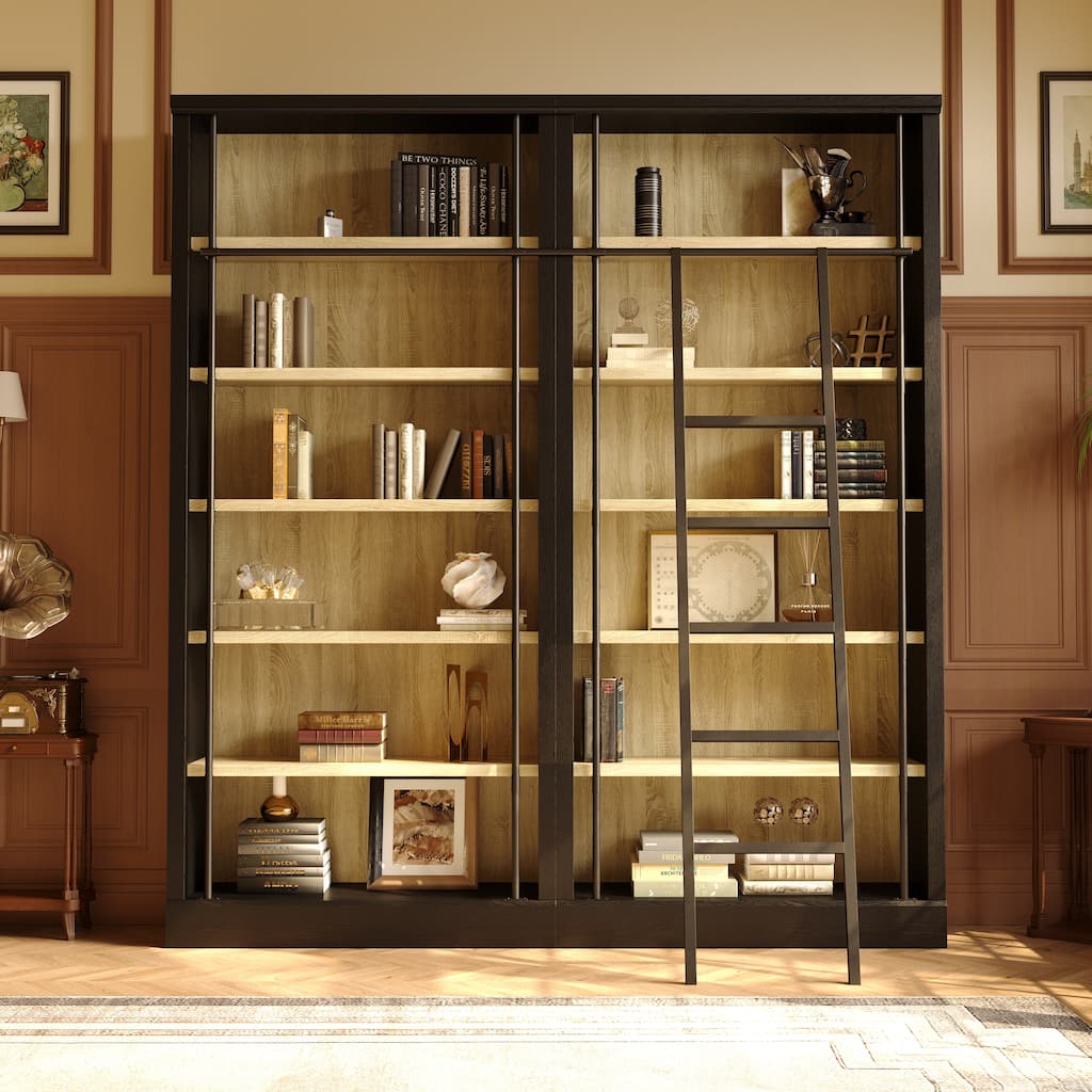 Large Ladder Bookshelf with Adjustable Rolling Ladder, Tall Library Bookcase Storage Display Unit