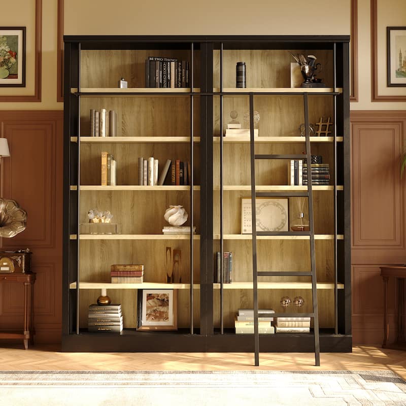 Large Ladder Bookshelf with Adjustable Rolling Ladder, Tall Library Bookcase Storage Display Unit