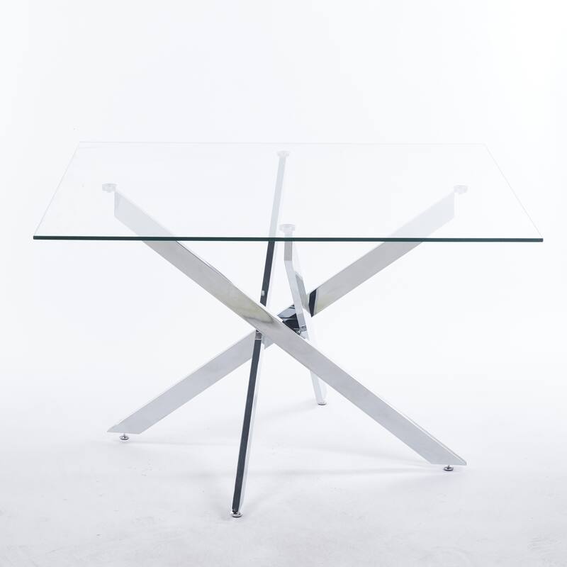 Chrome Dining Table with cross metal leg and glass,Modern Space Saving Kitchen Table for Living Room,120x120x75cm square glass