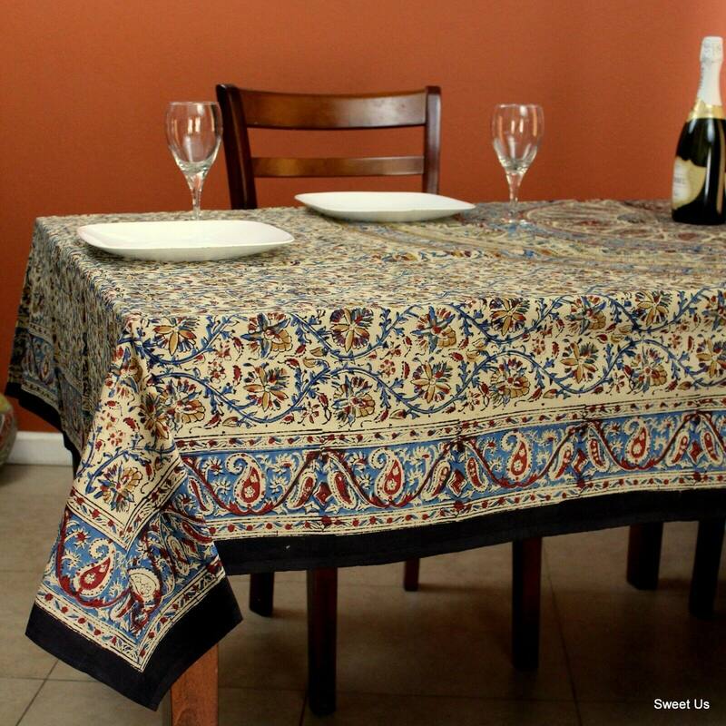 Kalamkari Cotton Block Print Cute Floral Paisley Tablecloth Rectangle