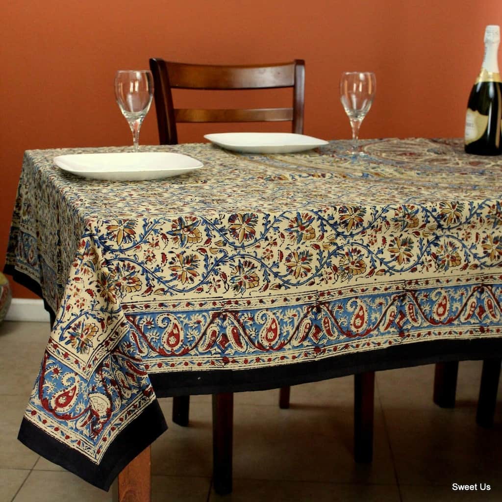 Kalamkari Cotton Block Print Cute Floral Paisley Tablecloth Rectangle
